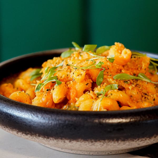 Close-up of Ladybird's vegan mac and cheese, topped with breadcrumbs and fresh herbs.